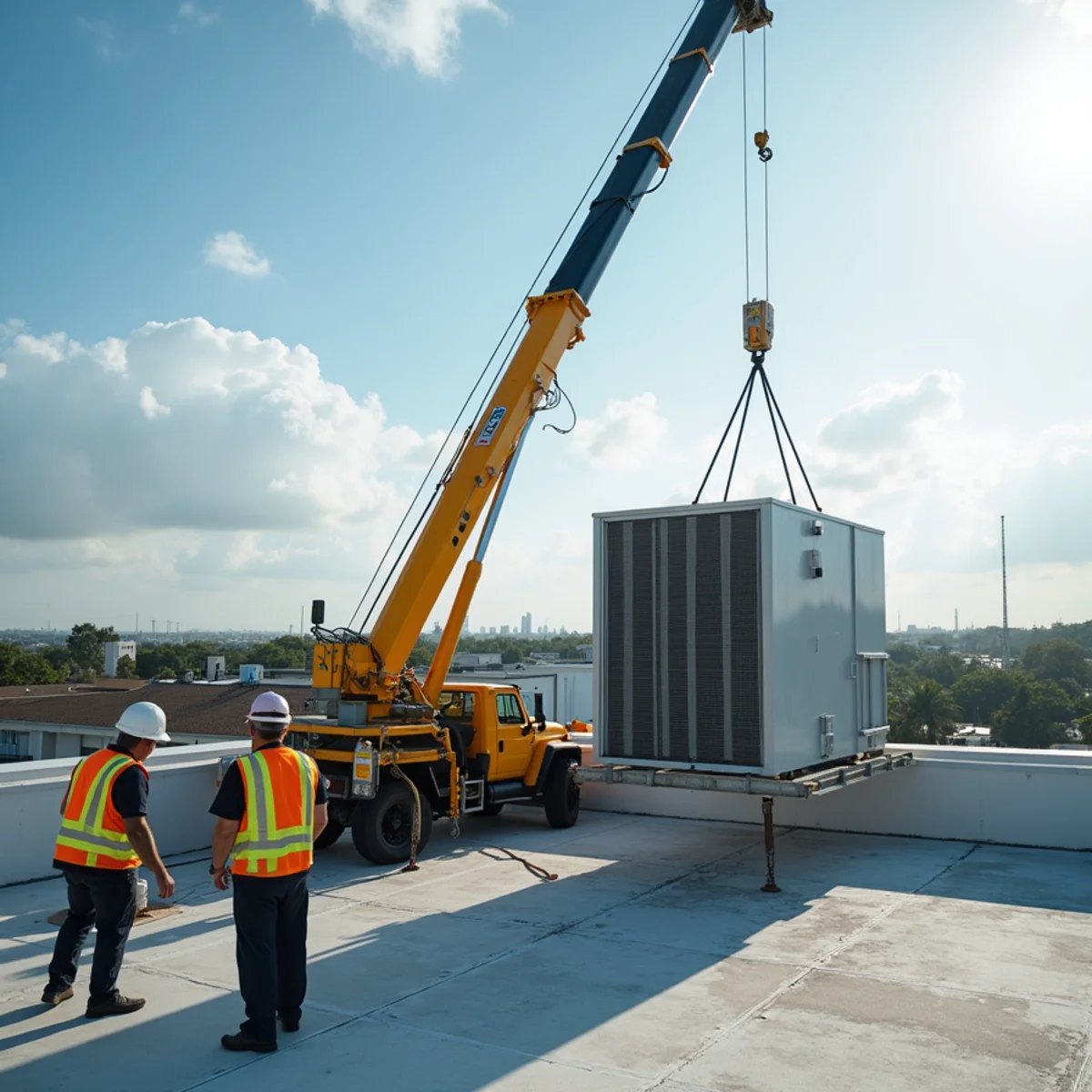 Crane rigging lowering new commercial condenser onto rooftop curb adapter with safety crew guiding into position during ac installation & replacement in South Florida