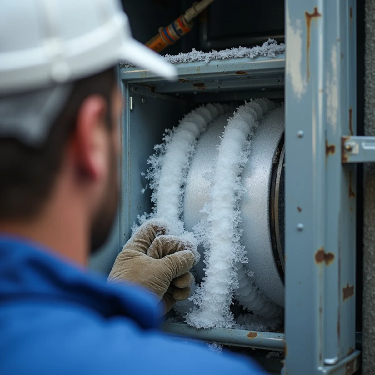 Open air handler cabinet revealing thick layer of white frost and ice encasing the aluminum evaporator coil tubing during ac not cooling / breakdown repair in South Florida