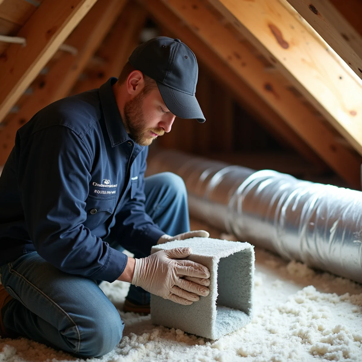 Technician fabricating insulated duct transition box in residential attic space - Comfort SOS Guide