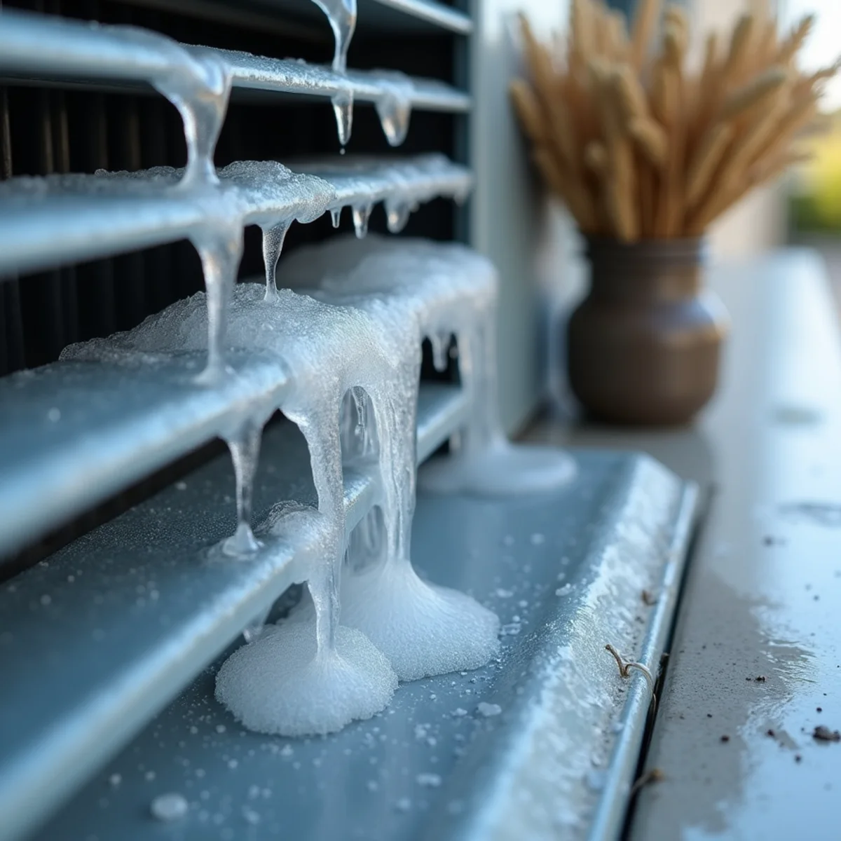 Melting ice dripping rapidly off evaporator coil fins into overflowing plastic drain trough - Comfort SOS Guide