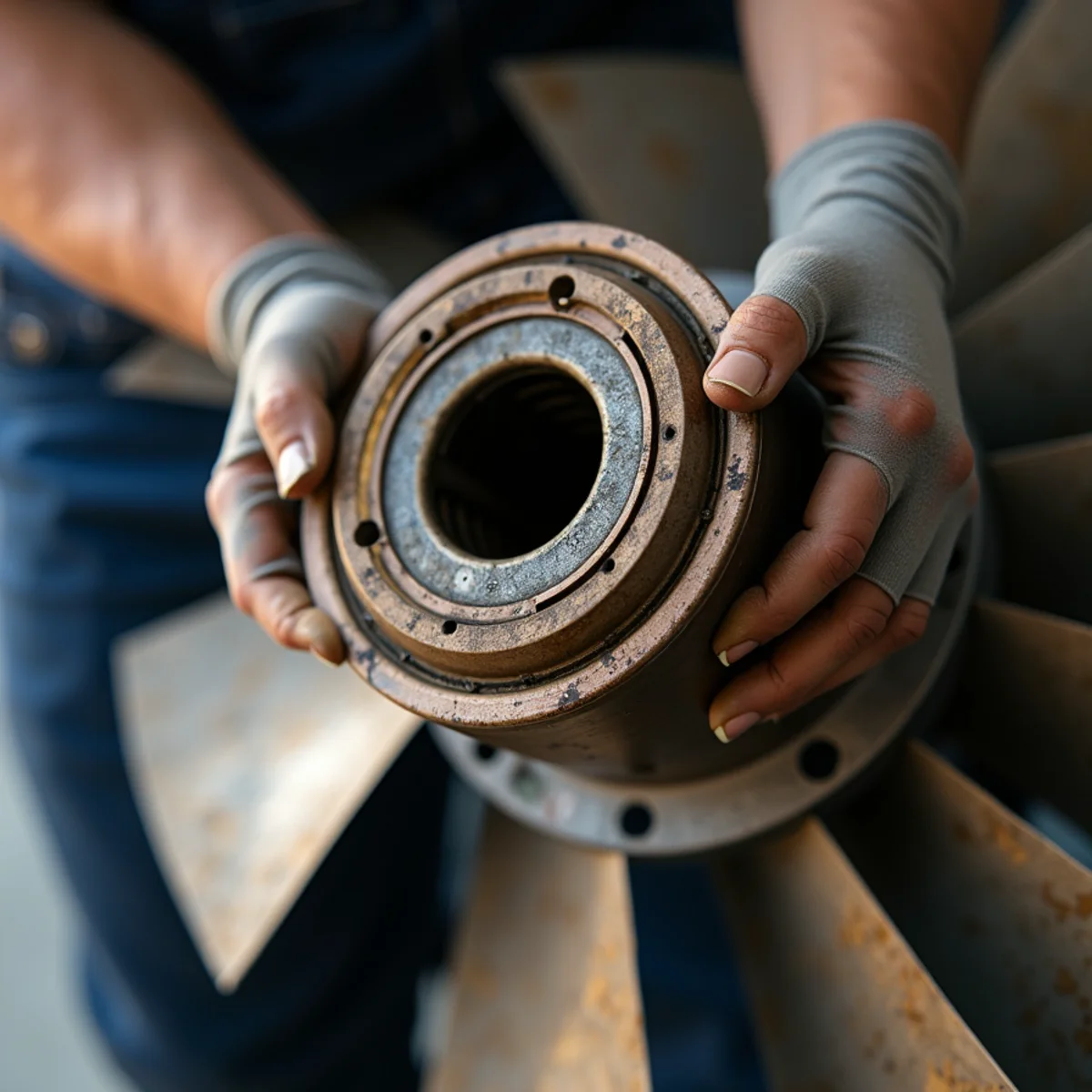 Worn bronze sleeve bearing on condenser fan motor showing metal friction wear - Comfort SOS Guide