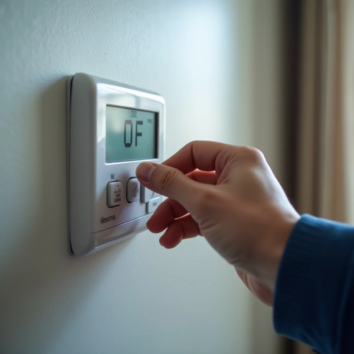 Close-up of hand switching digital thermostat system switch from cool to off to prevent compressor strain - Comfort SOS Guide