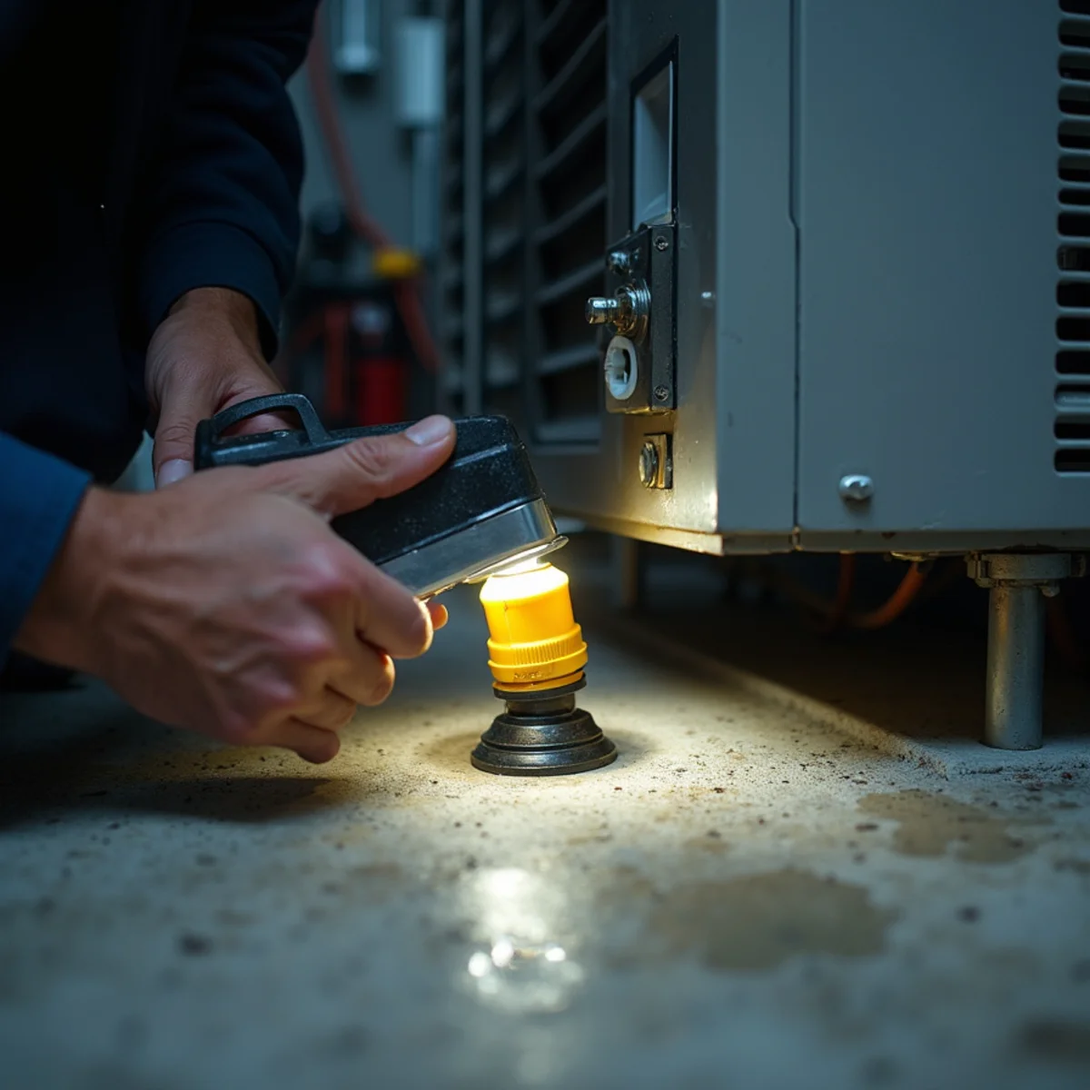 Inspection light illuminating condensate drain pan beneath air handler, revealing standing water and tripped float switch - Comfort SOS Guide