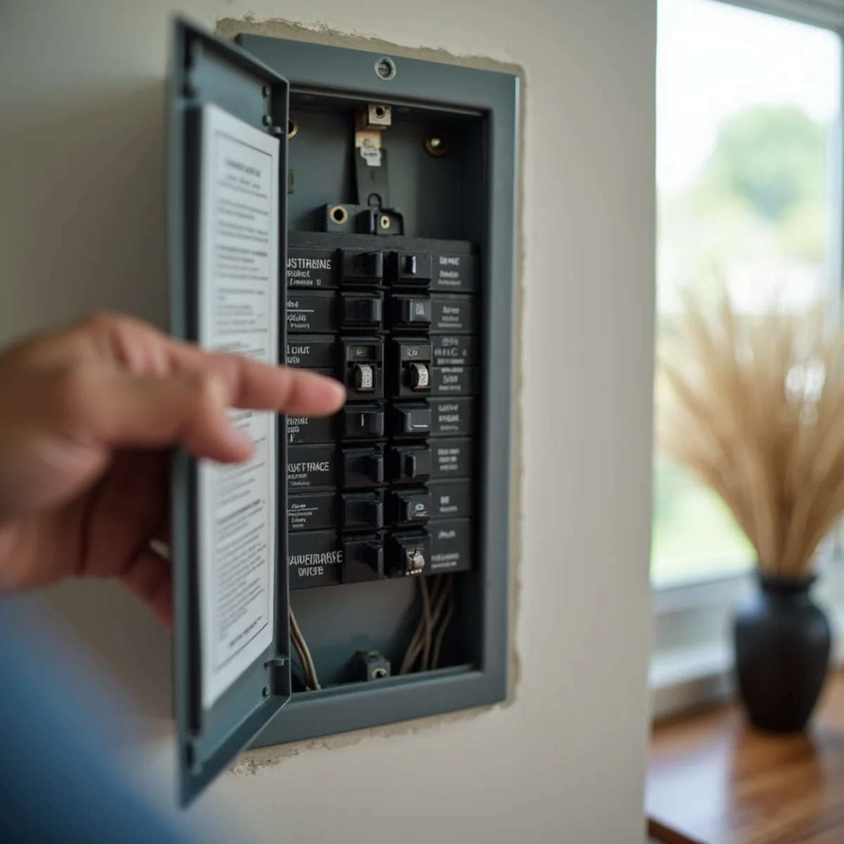 Residential electrical breaker panel door open, hand checking double-pole 30-amp breaker labeled ac - Comfort SOS Guide