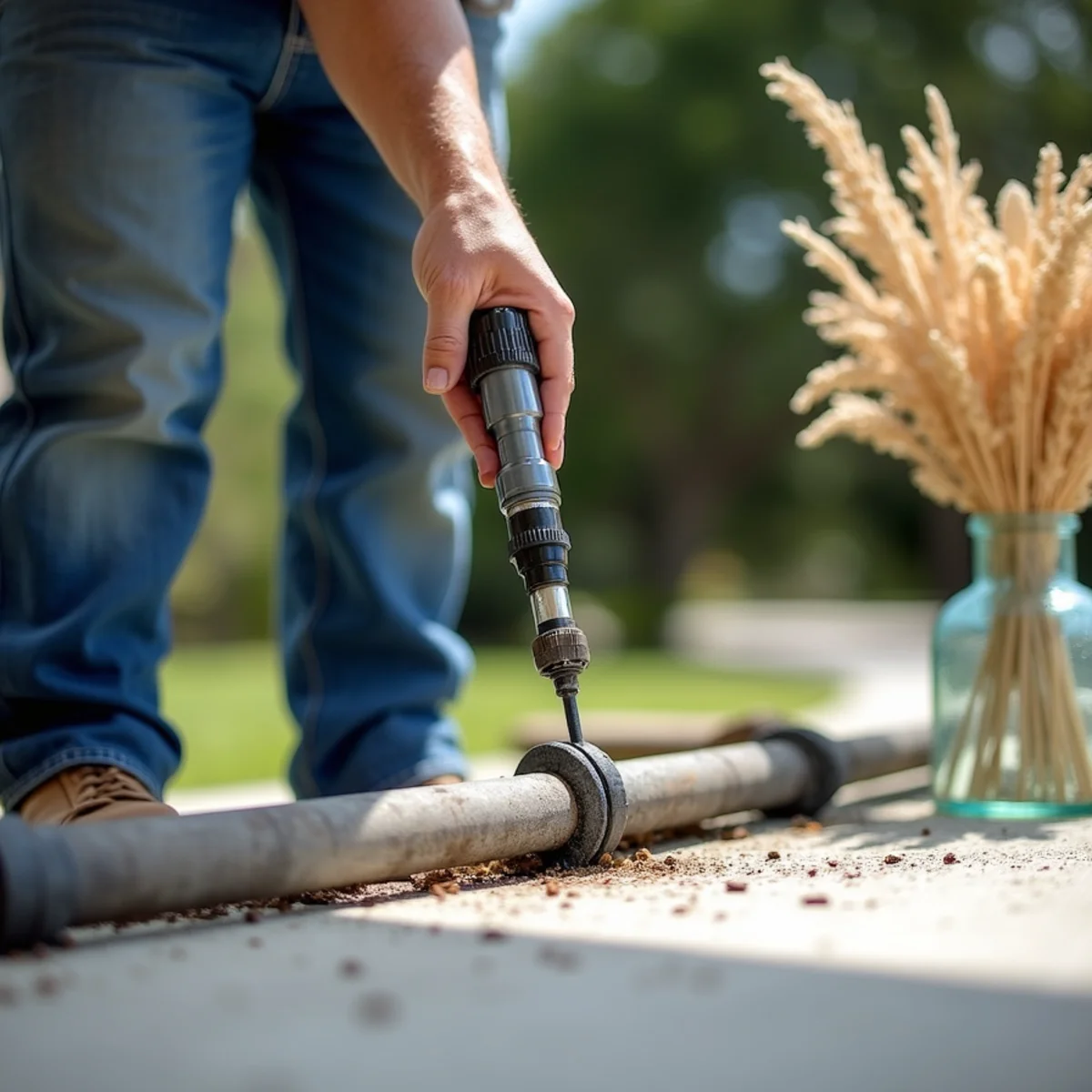 Rubber nitrogen nozzle inserted into pvc drain cleanout purging algae sludge to exterior - Comfort SOS Guide