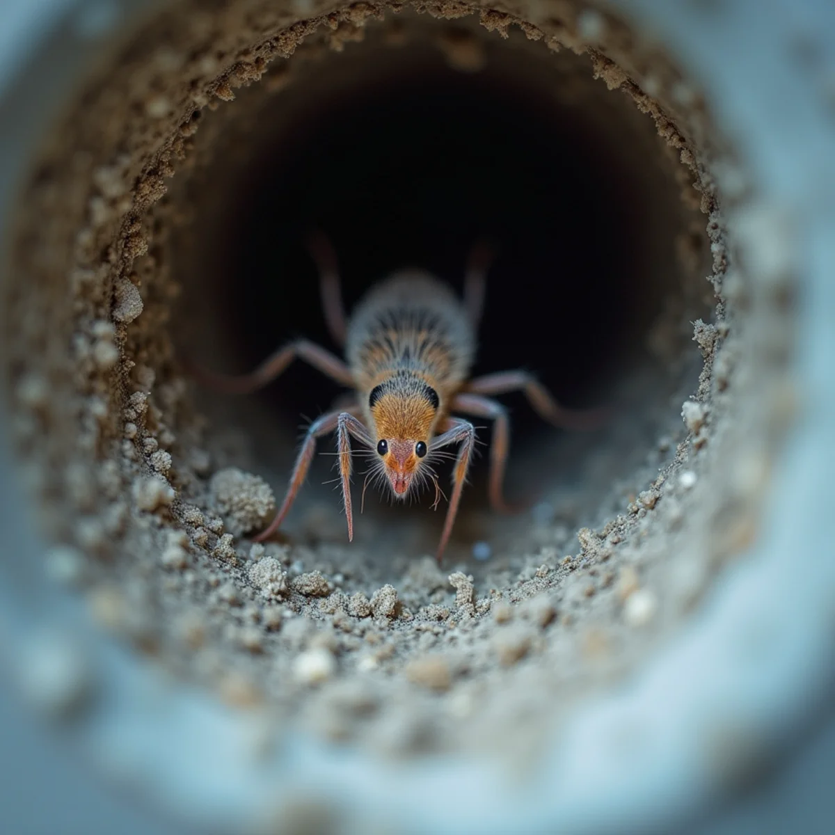High-magnification camera view inside dusty duct showing lint and allergen buildup - Comfort SOS Guide