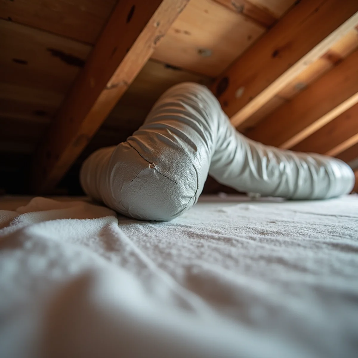 Crushed and kinked flexible duct resting over ceiling joist restricting airflow to bedroom - Comfort SOS Guide