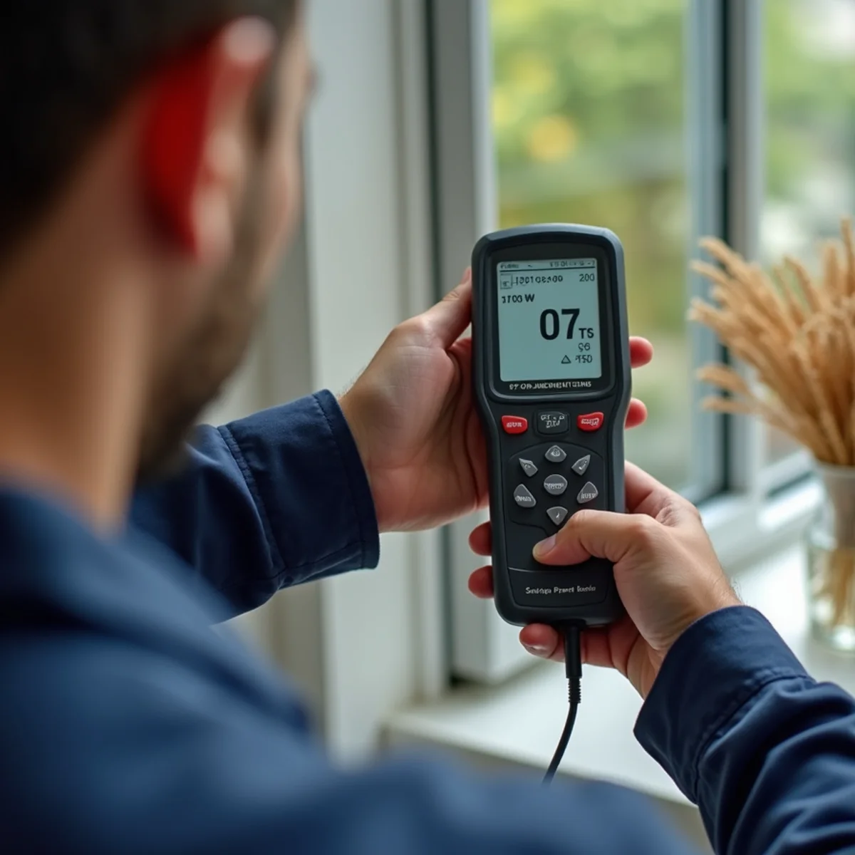 Handheld digital vane anemometer measuring feet per minute air velocity at supply register - Comfort SOS Guide