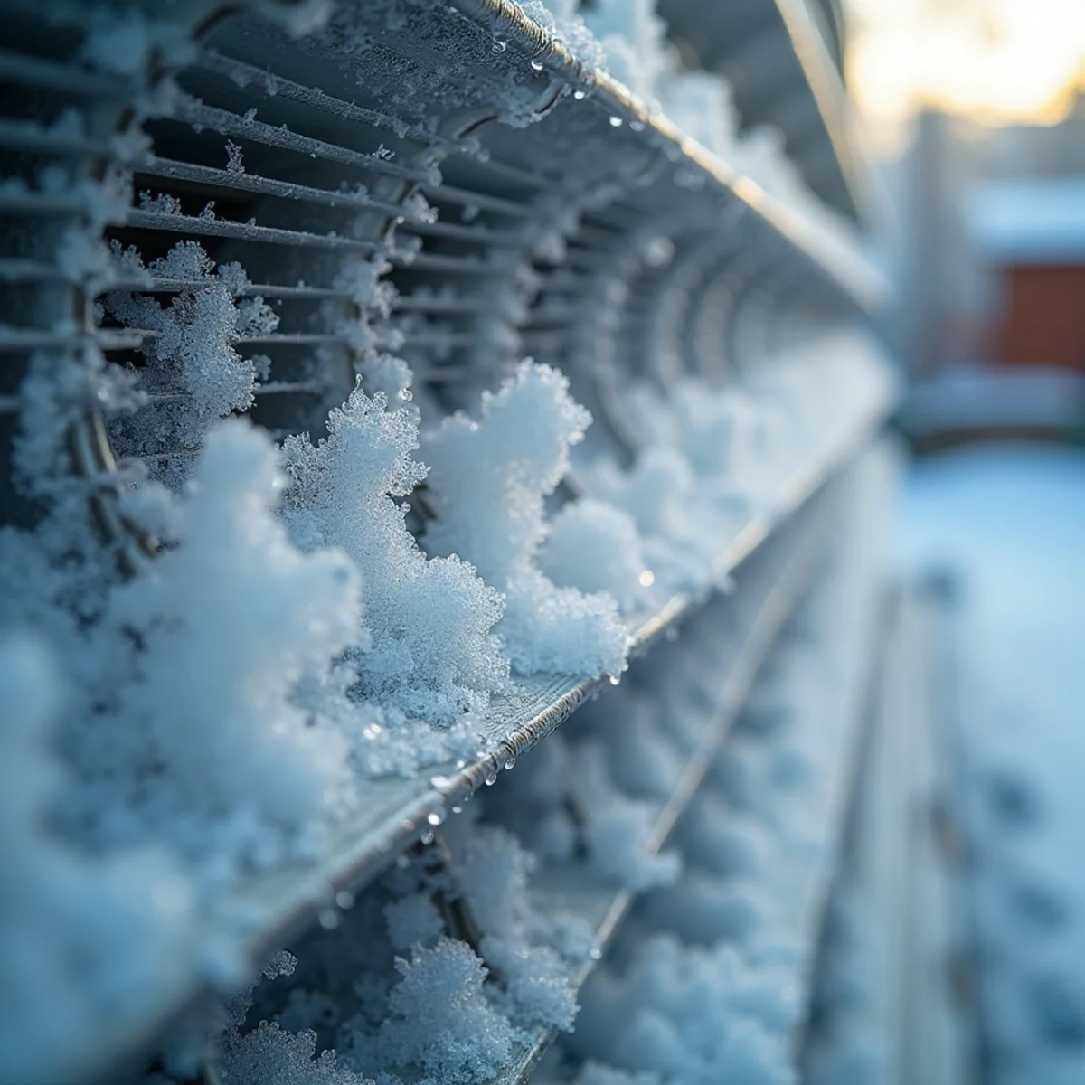 Macro detail of ice crystals choking aluminum fins and blocking air movement - Comfort SOS Guide