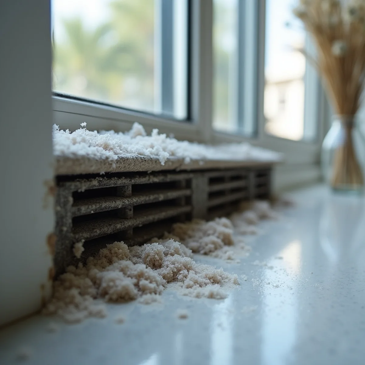 Dirty return air grille clogged with household dust and pet fur causing frost buildup - Comfort SOS Guide