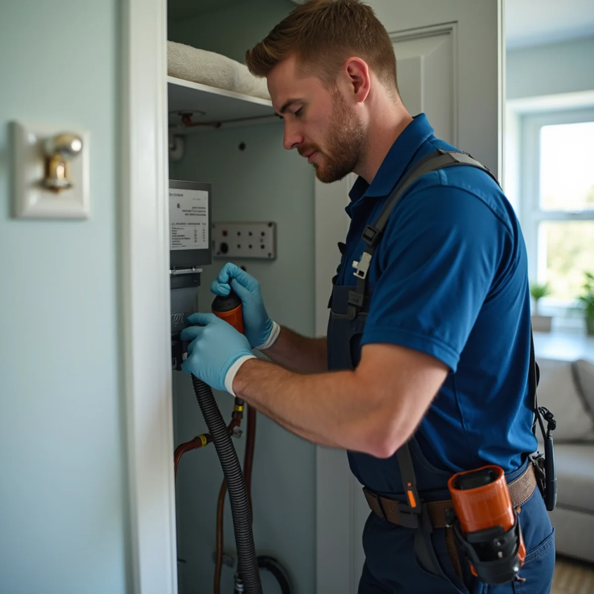 Compact water-source heat pump installed inside condo utility closet with flexible braided water hoses - Comfort SOS Guide