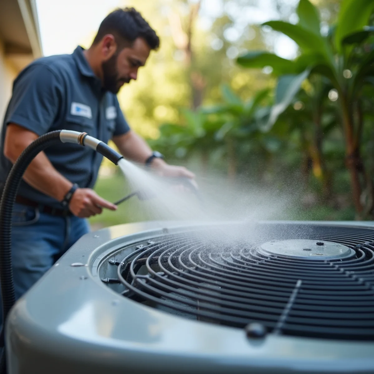 Technician carefully pressure-cleaning outdoor condenser coil during scheduled spring visit - Comfort SOS Guide