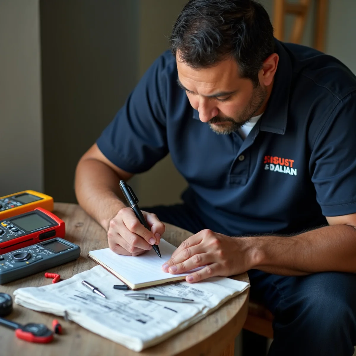 Master HVAC specialist Leo Acosta writing field diagnostics and service notes