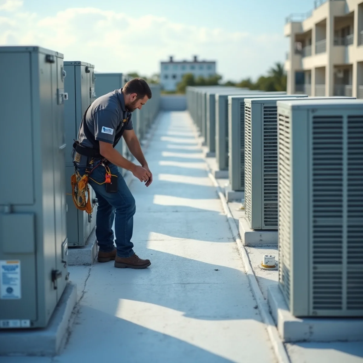 Wide architectural perspective of multiple commercial rtu units with supply and return duct penetrations during commercial hvac services in South Florida