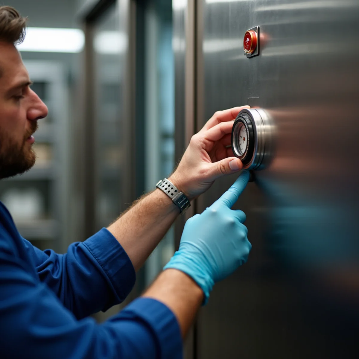Technician adjusting mechanical defrost clock dial inside electrical control box of restaurant walk-in freezer during commercial refrigeration repair in South Florida