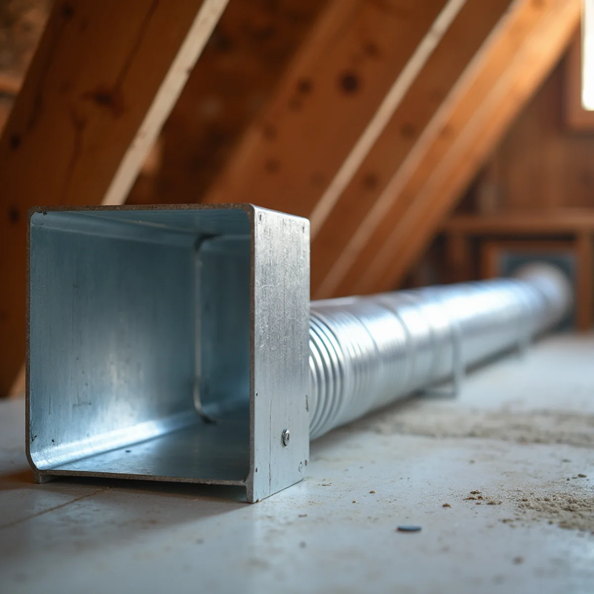 Newly fabricated rectangular galvanized sheet metal supply trunk line connected to flex duct runs in clean attic space during ductwork repair & installation in South Florida