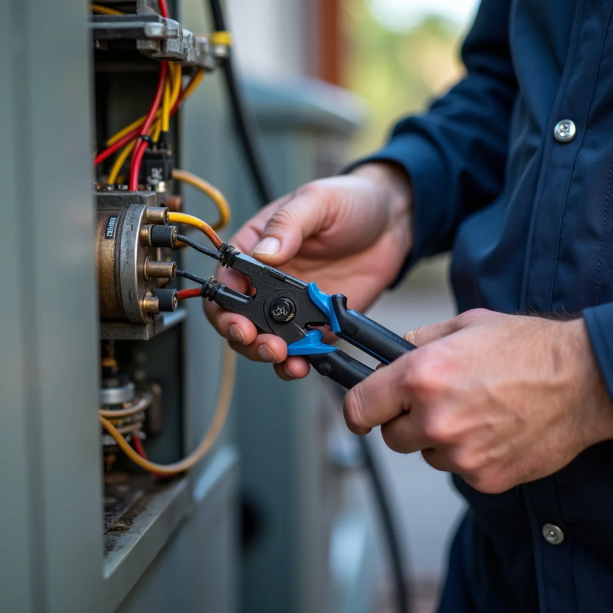 Technician installing heavy-duty universal turbo capacitor, connecting color-coded push-on wire terminals with insulated needle-nose pliers during 24/7 emergency ac repair in South Florida