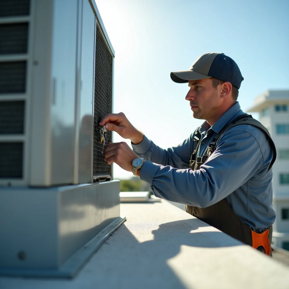 Technician troubleshooting high-pressure cutoff switch on rooftop unit under bright florida sun during emergency hvac repair in South Florida