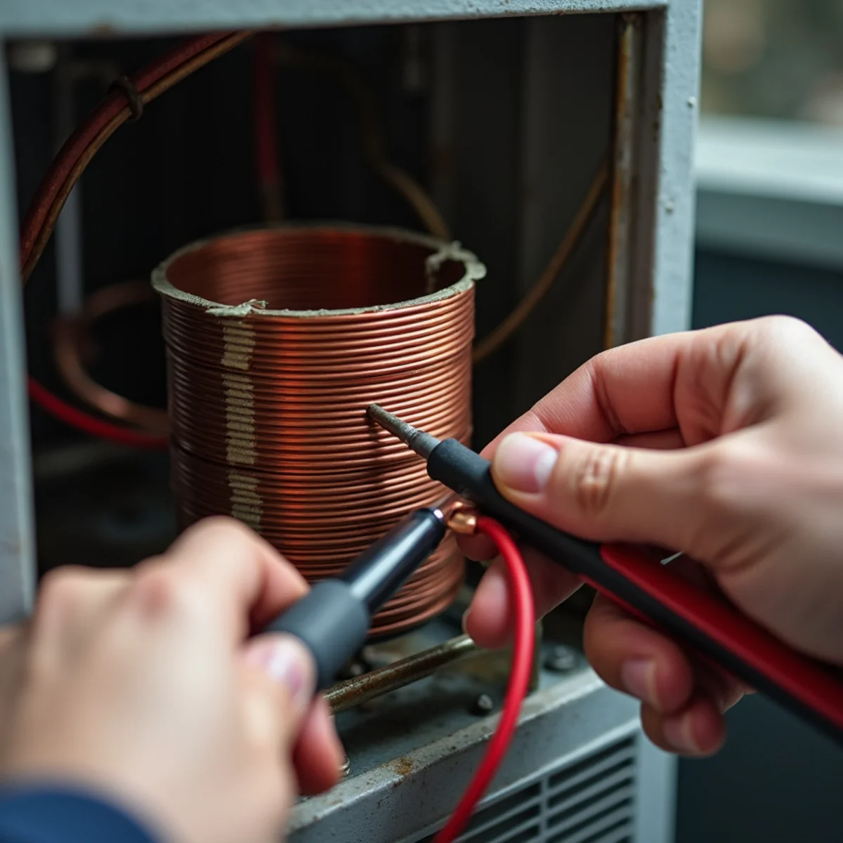 Close-up of nichrome heating element coils inside air handler cabinet being tested for continuity with multimeter during hvac repair & installation in South Florida