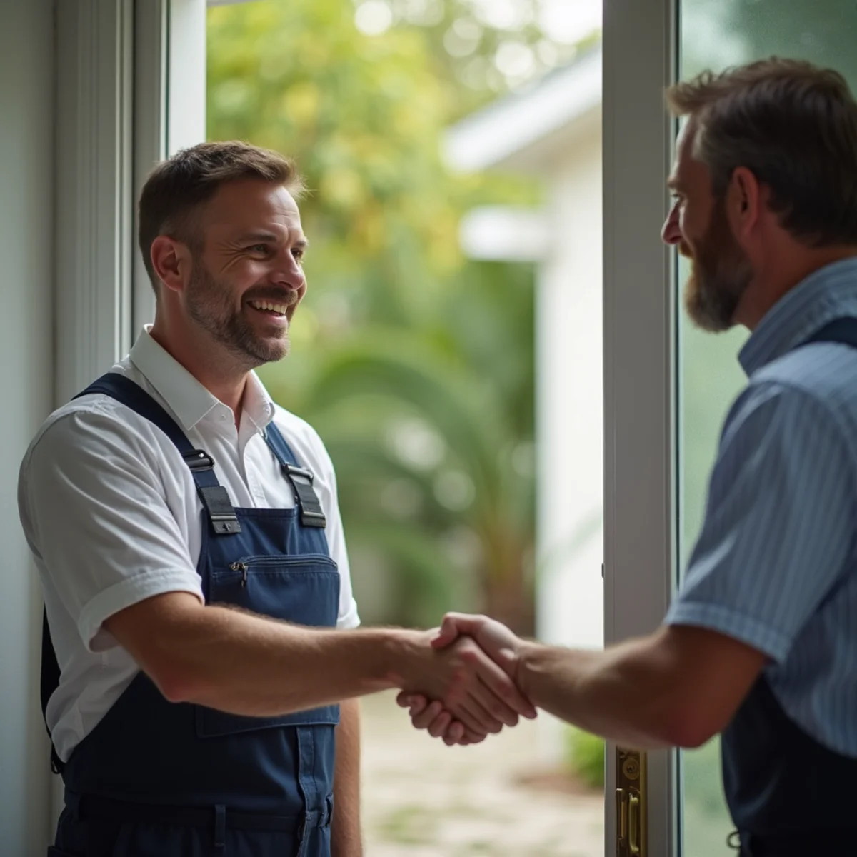 Satisfied South Florida customer shaking hands with smiling HVAC technician Leo Acosta
