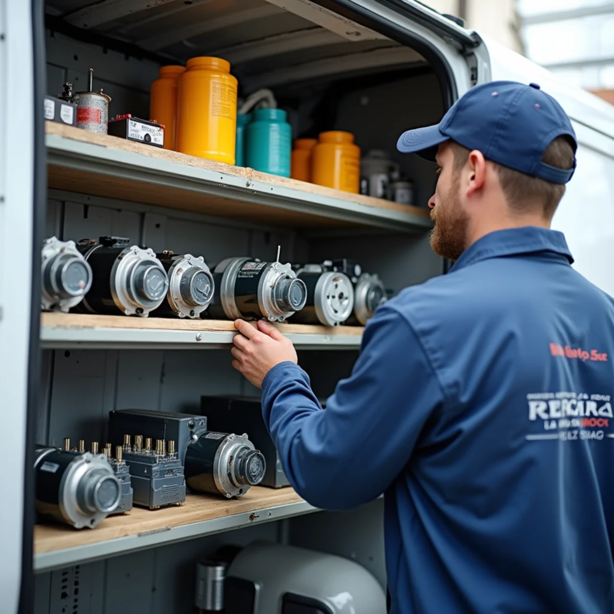 Interior view of neatly organized service van shelves stocked with universal fan motors, capacitors, contactors, relays, and refrigerant cylinders during same-day ac repair in South Florida