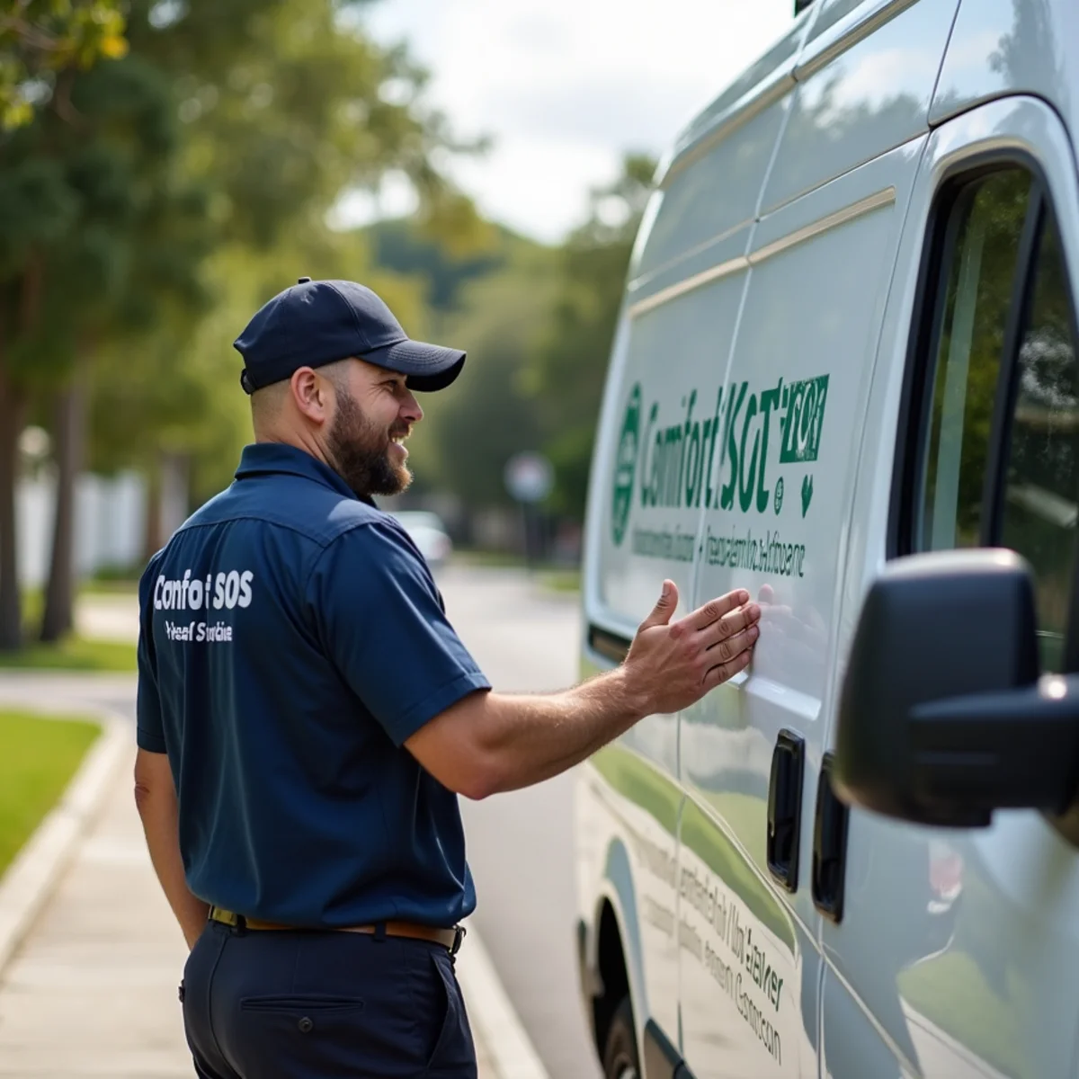 Comfort SOS service van and technician servicing air conditioning in Biscayne Park, FL