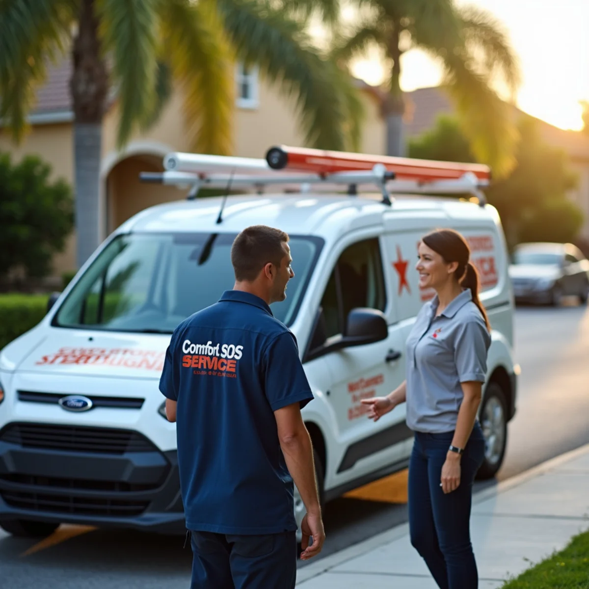 Comfort SOS service van and technician servicing air conditioning in Boca Raton, FL