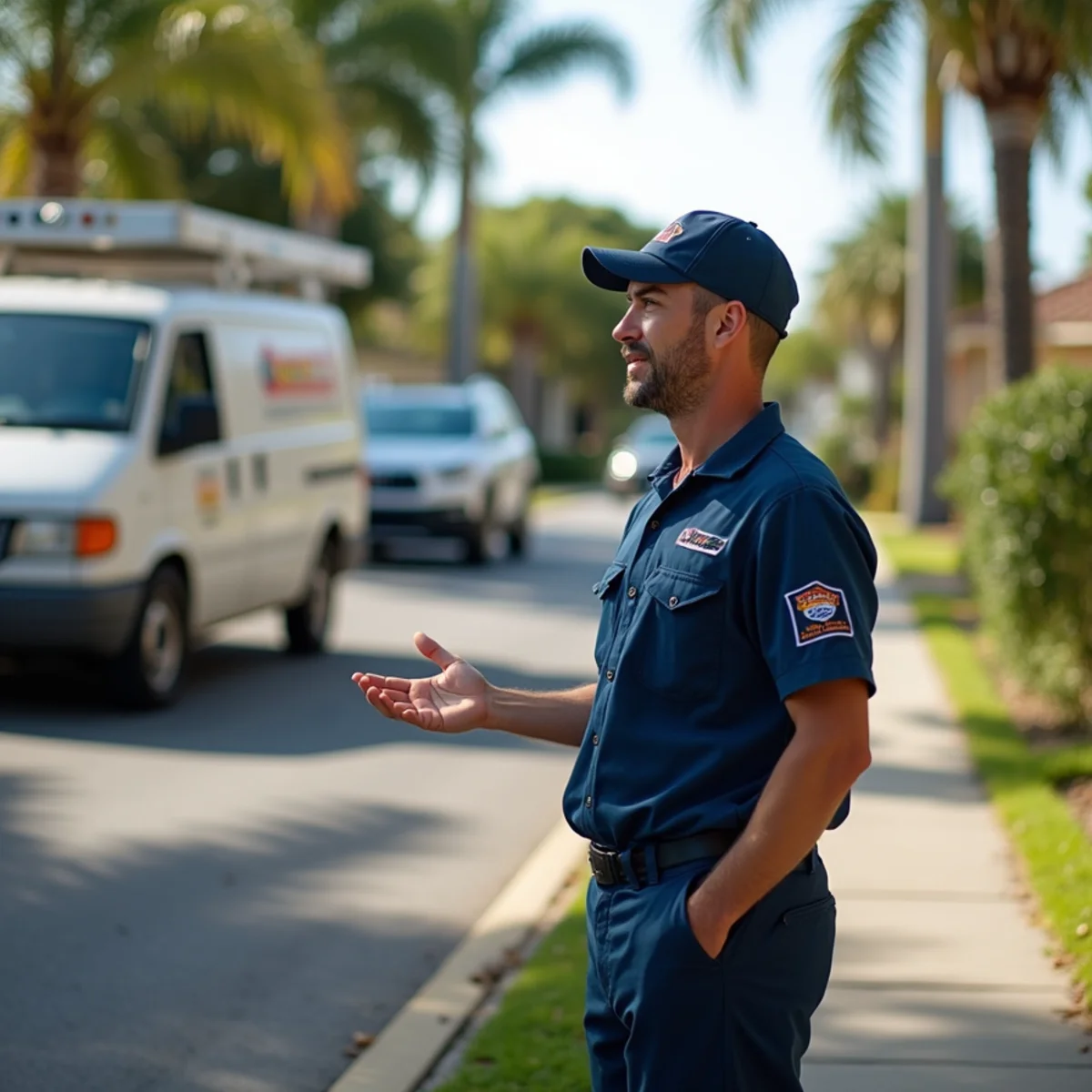 Comfort SOS service van and technician servicing air conditioning in Boynton Beach, FL
