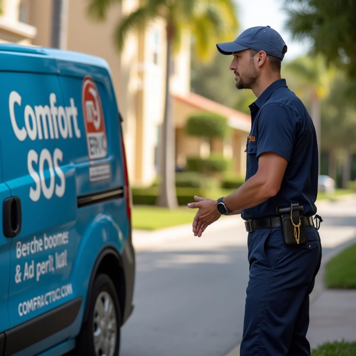 Comfort SOS service van and technician servicing air conditioning in Coconut Creek, FL