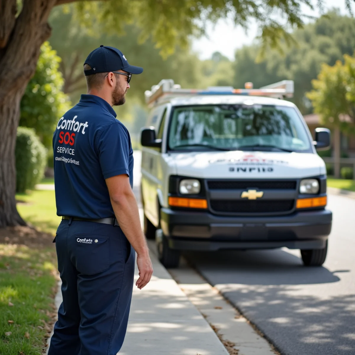 Comfort SOS service van and technician servicing air conditioning in Cooper City, FL