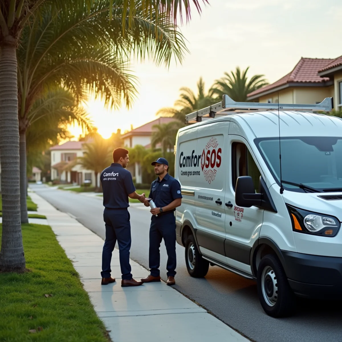 Comfort SOS service van and technician servicing air conditioning in Coral Springs, FL