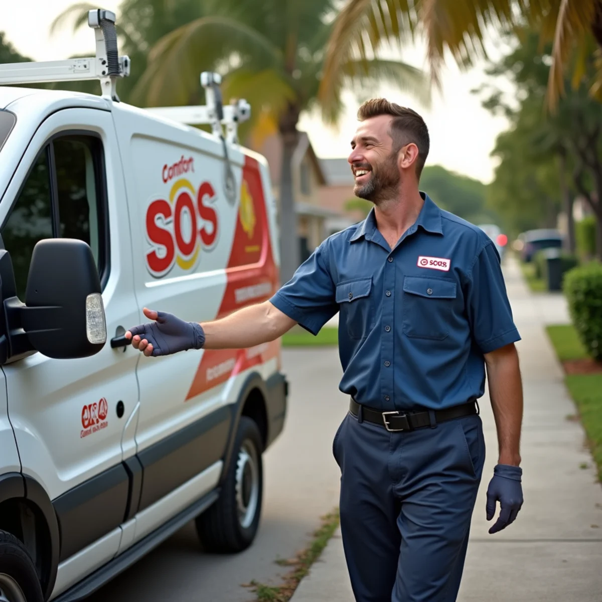 Comfort SOS service van and technician servicing air conditioning in Cutler Bay, FL