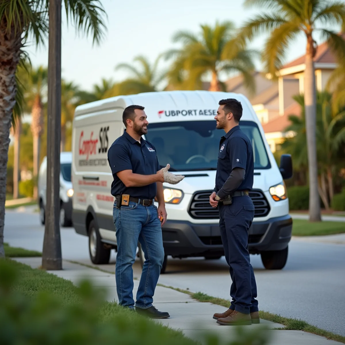 Comfort SOS service van and technician servicing air conditioning in Davie, FL