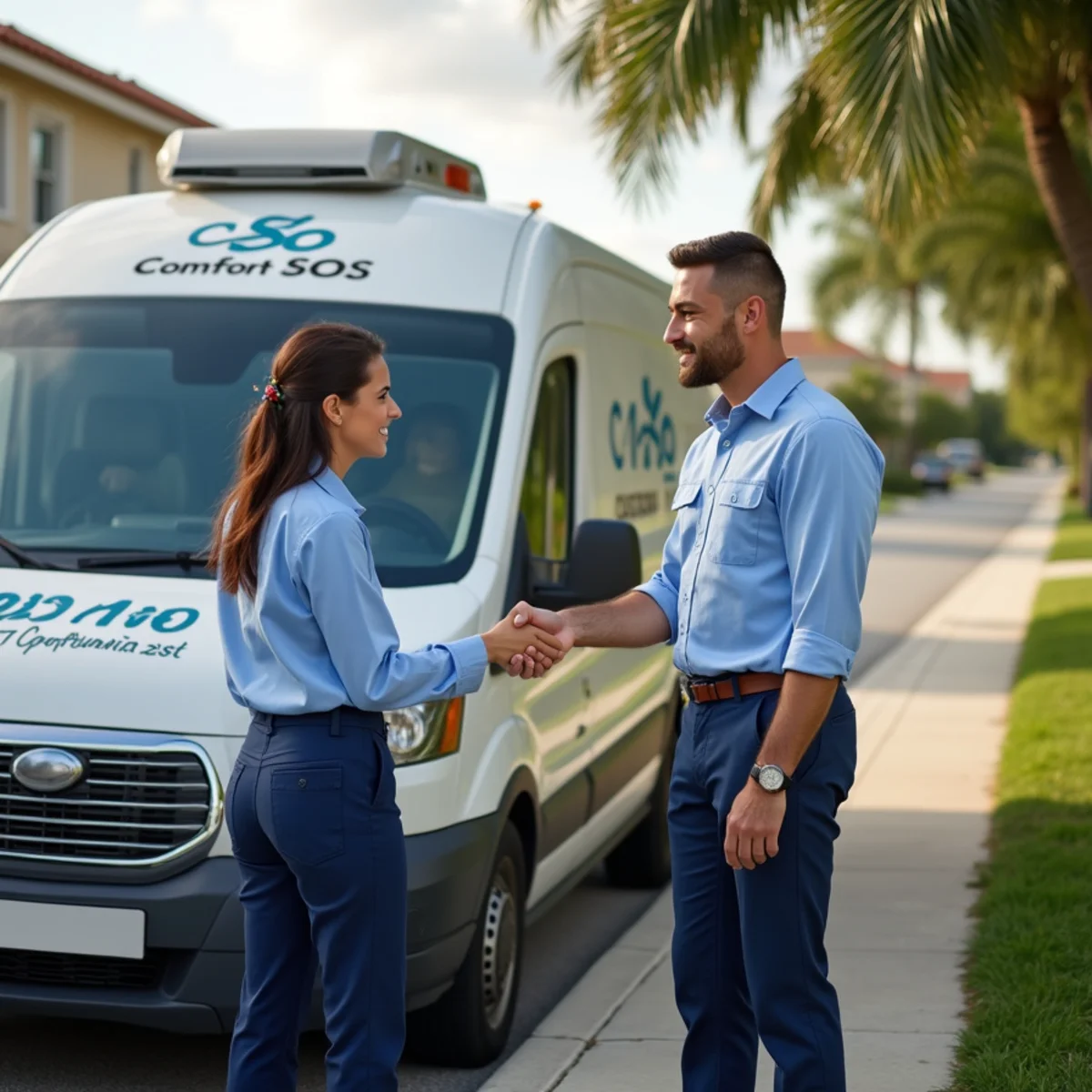 Comfort SOS service van and technician servicing air conditioning in Delray Beach, FL