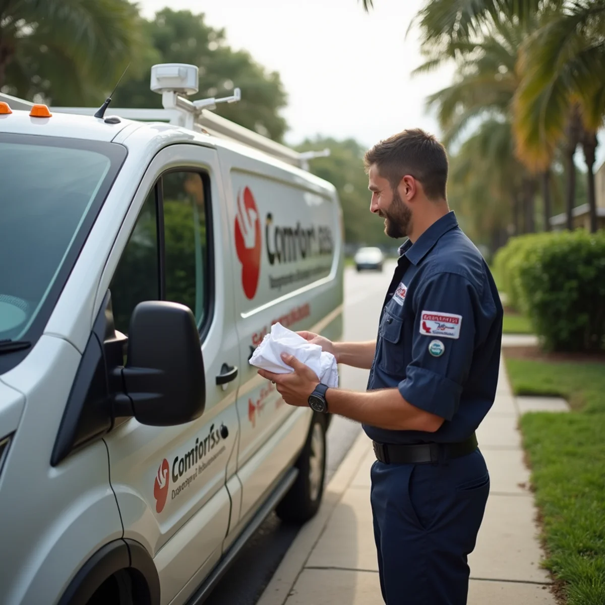 Comfort SOS service van and technician servicing air conditioning in El Portal, FL