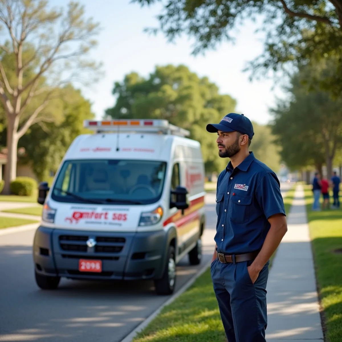 Comfort SOS service van and technician servicing air conditioning in Florida City, FL