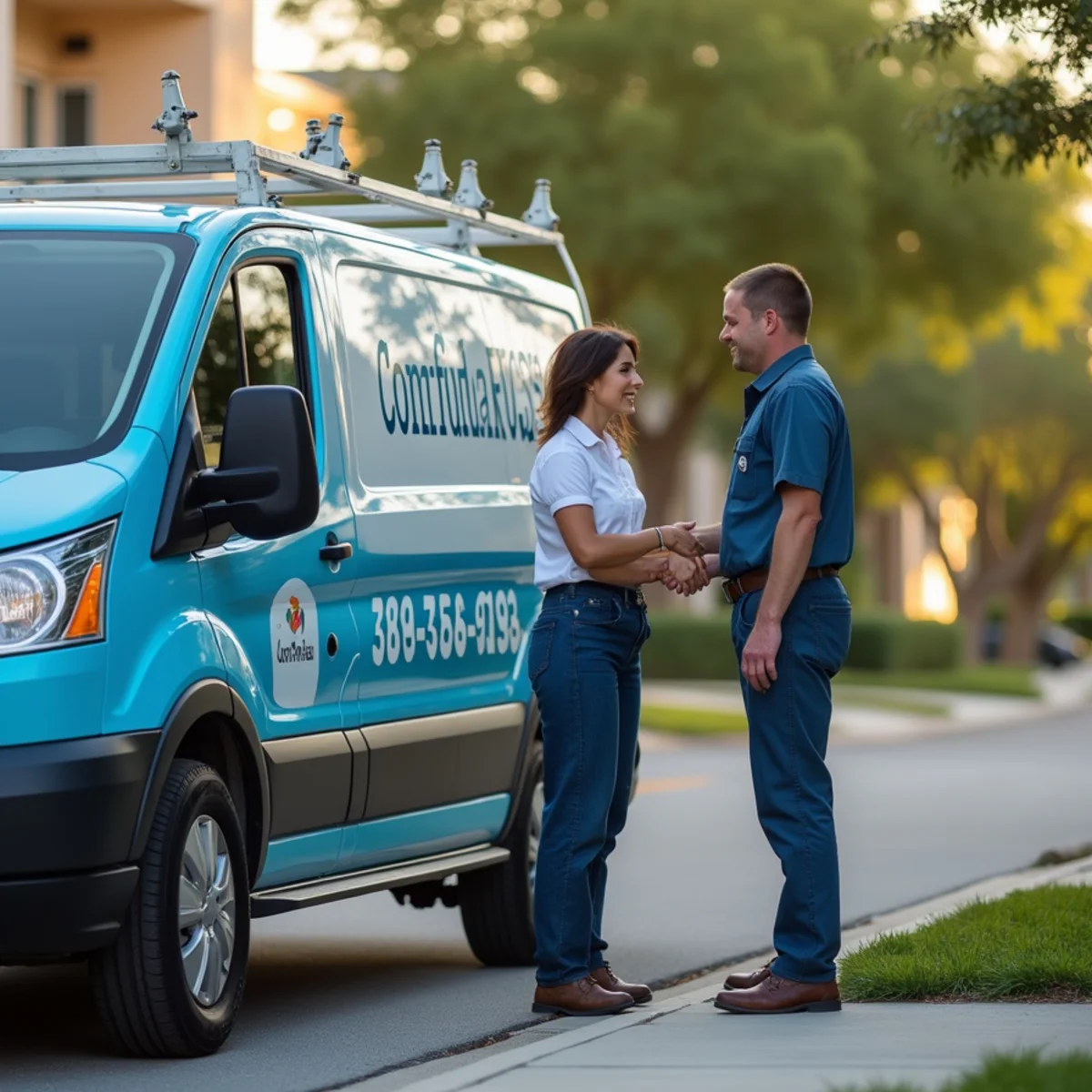 Comfort SOS service van and technician servicing air conditioning in Fort Lauderdale, FL