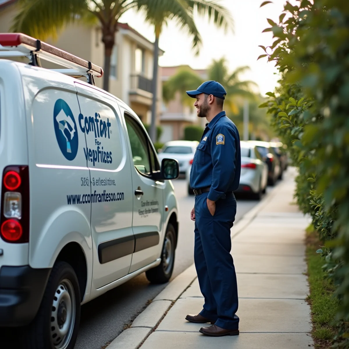 Comfort SOS service van and technician servicing air conditioning in Hallandale Beach, FL