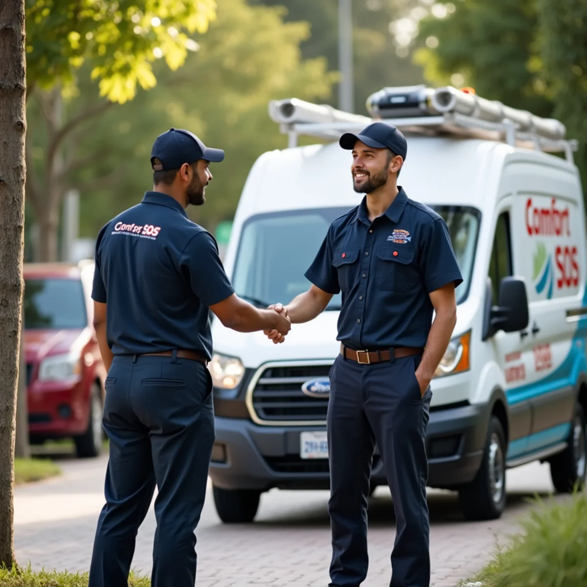 Comfort SOS service van and technician servicing air conditioning in Hollywood, FL