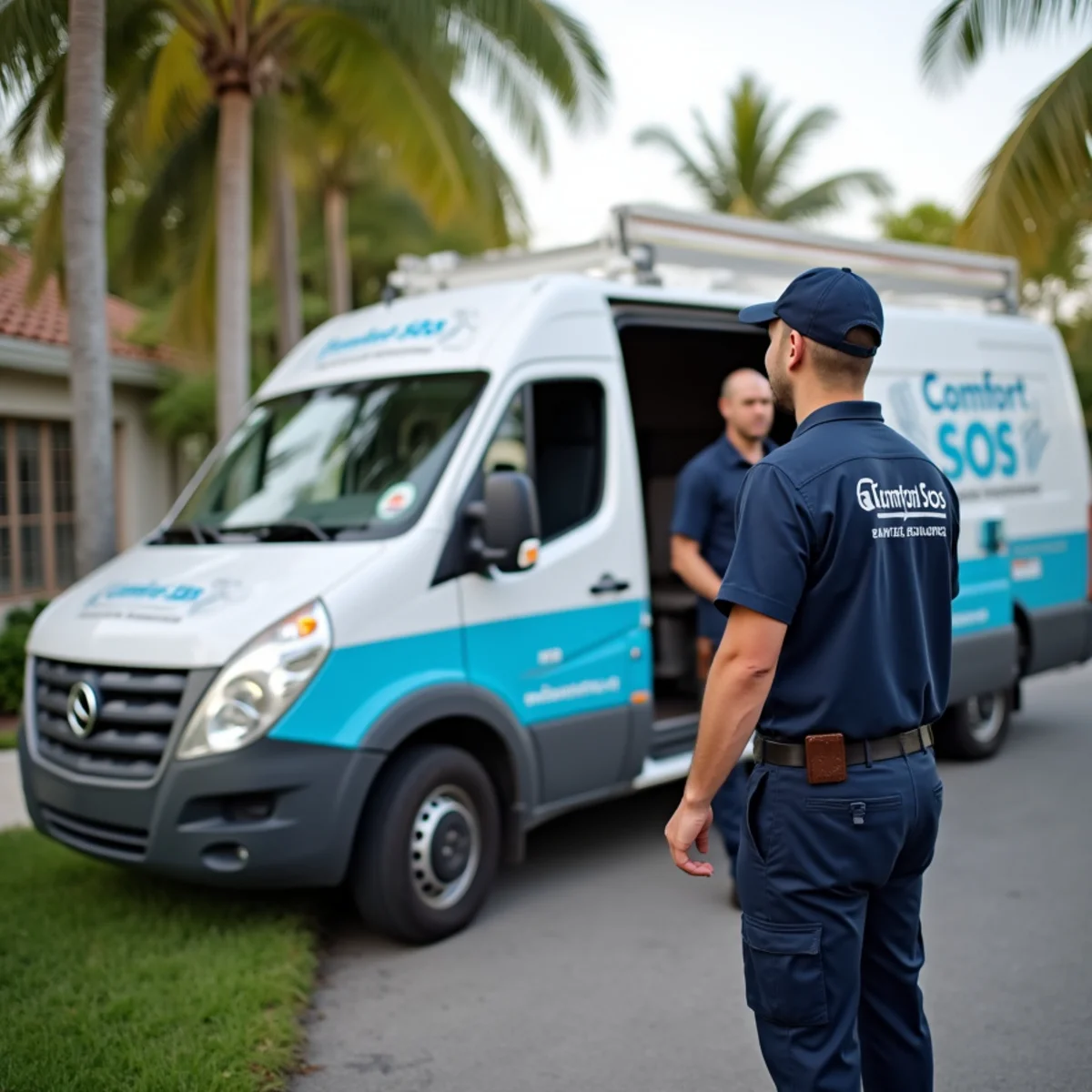 Comfort SOS service van and technician servicing air conditioning in Homestead, FL