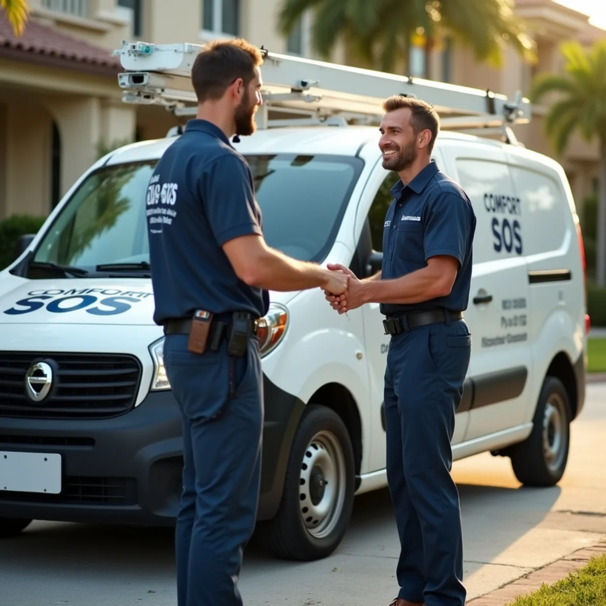 Comfort SOS service van and technician servicing air conditioning in Lauderhill, FL
