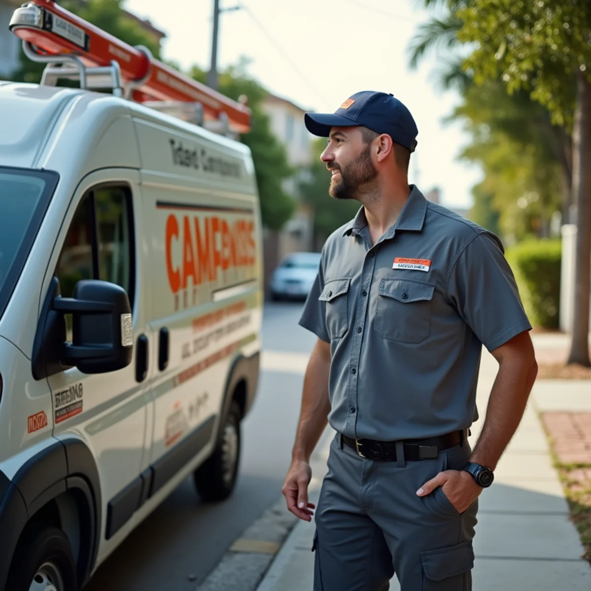 Comfort SOS service van and technician servicing air conditioning in Miami, FL