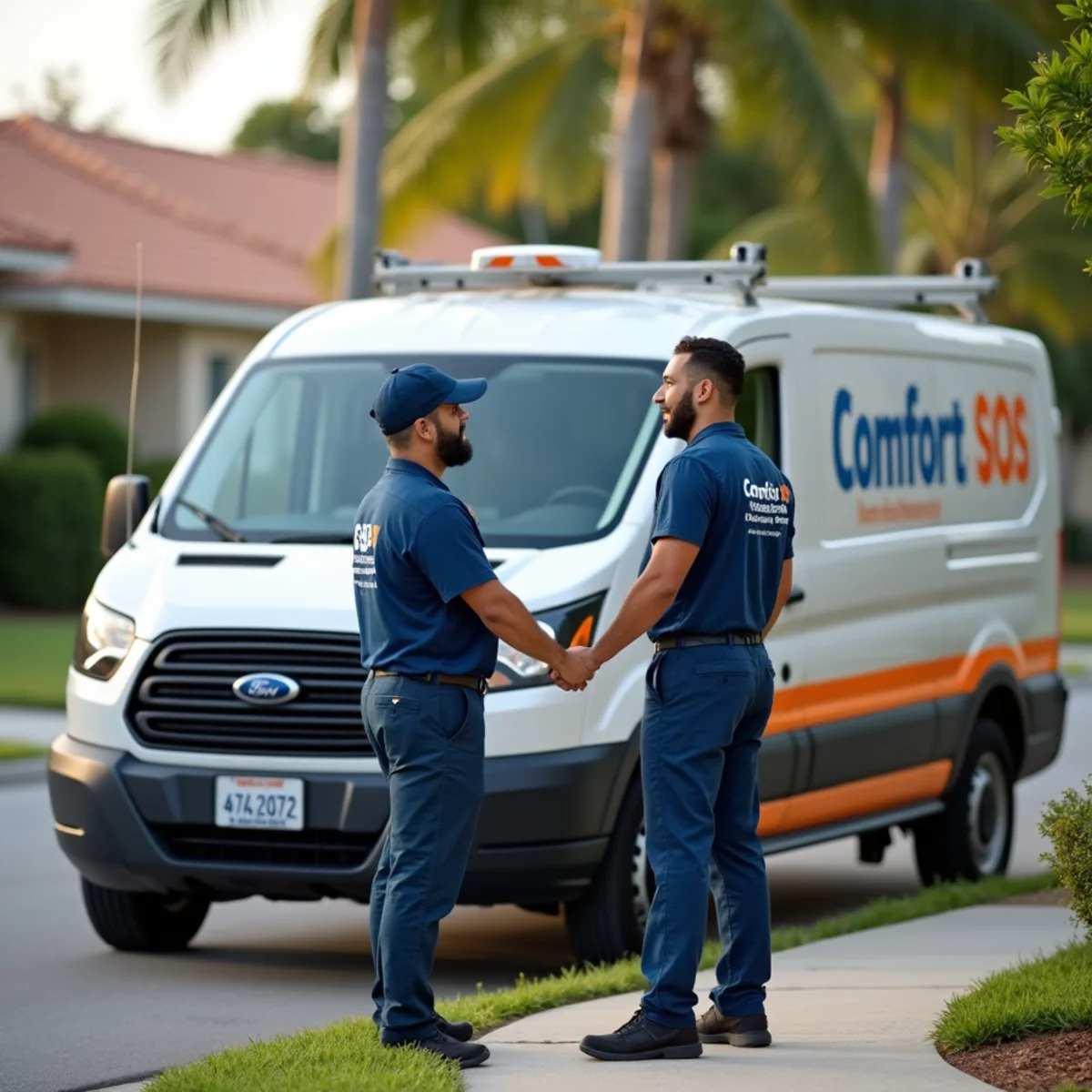 Comfort SOS service van and technician servicing air conditioning in Miramar, FL