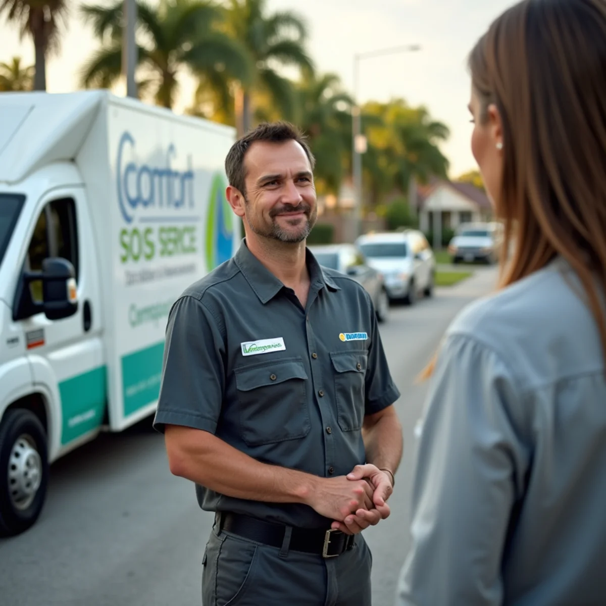 Comfort SOS service van and technician servicing air conditioning in Opa-locka, FL
