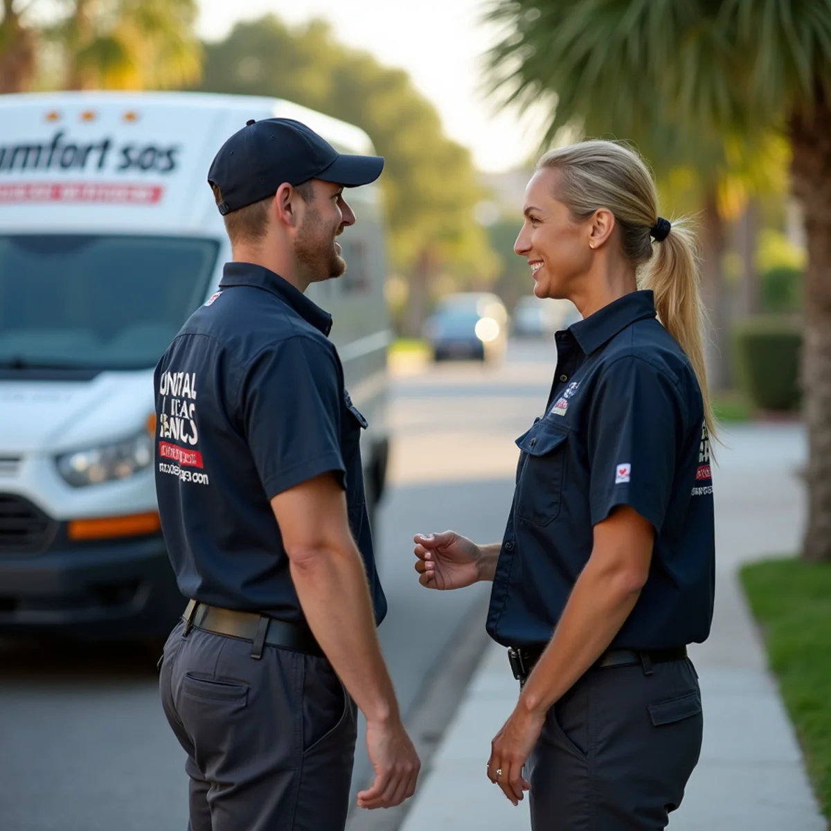 Comfort SOS service van and technician servicing air conditioning in Palm Springs North, FL