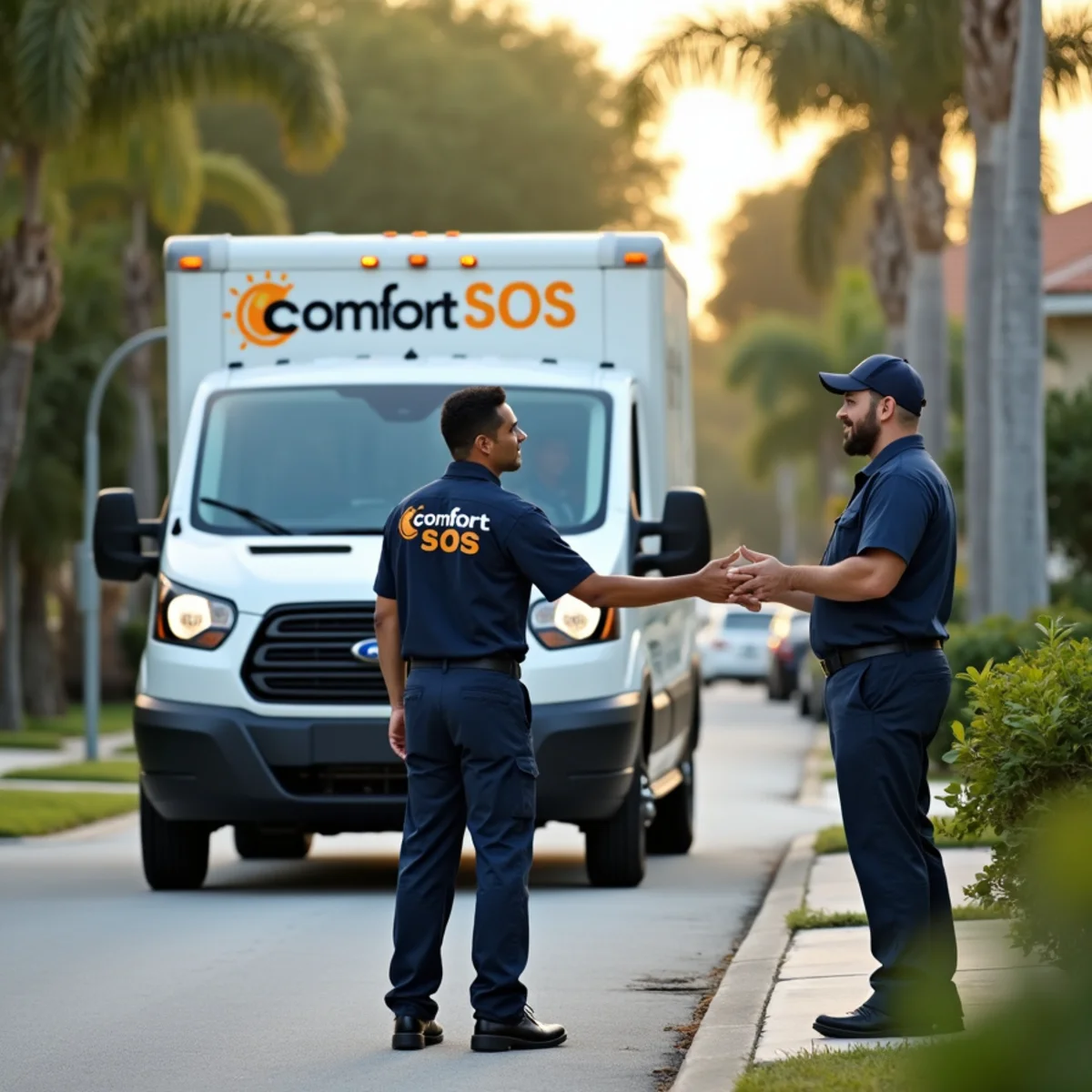 Comfort SOS service van and technician servicing air conditioning in Pembroke Pines, FL