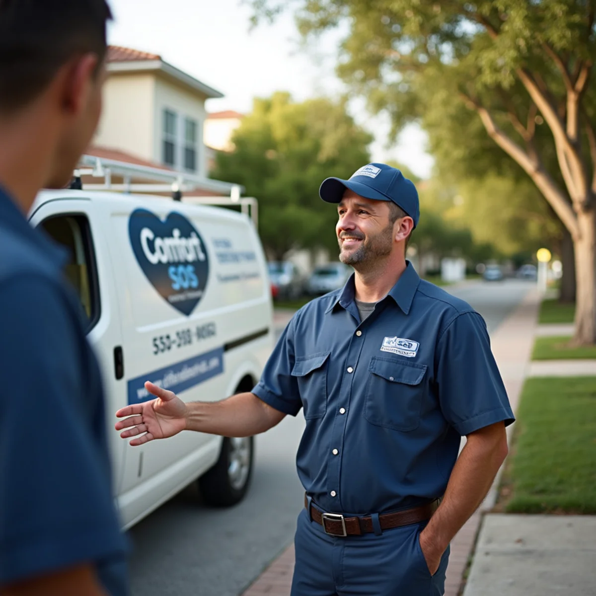 Comfort SOS service van and technician servicing air conditioning in Sunrise, FL