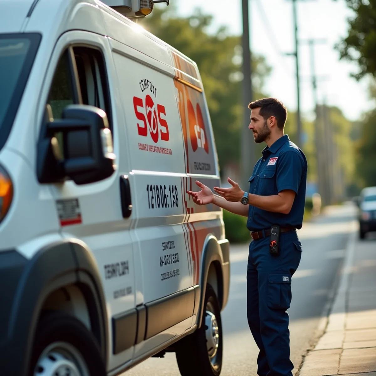 Comfort SOS service van and technician servicing air conditioning in Tamarac, FL