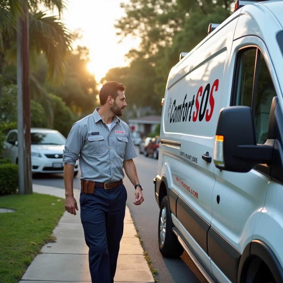 Comfort SOS service van and technician servicing air conditioning in Westchester, FL