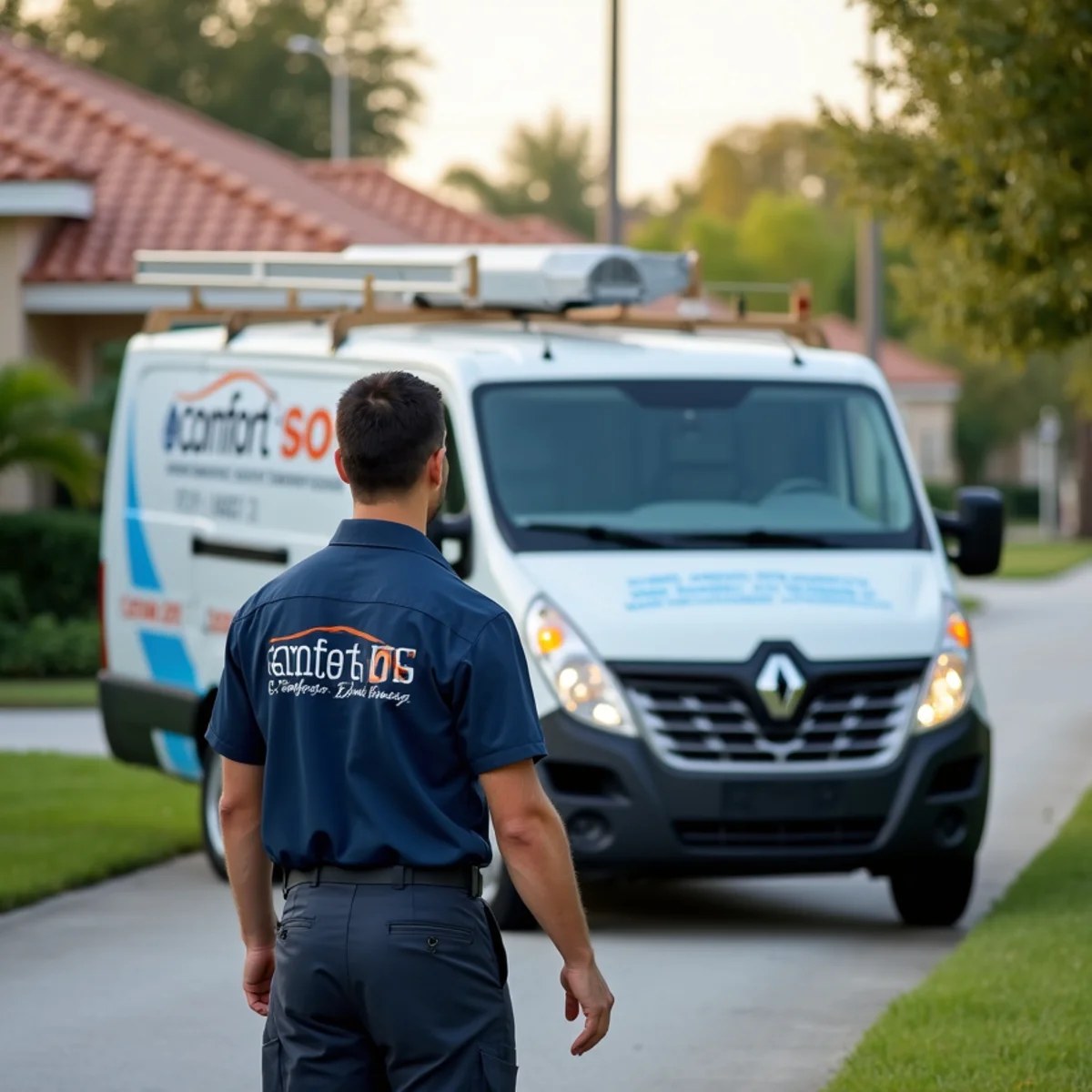 Comfort SOS service van and technician servicing air conditioning in Weston, FL